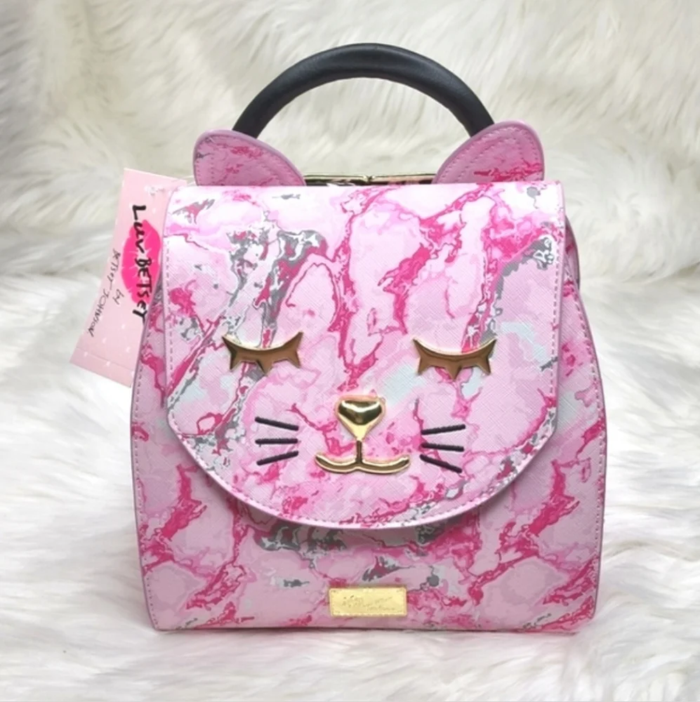 Betsey Johnson Pink Marbled Cat Design Backpack Purse